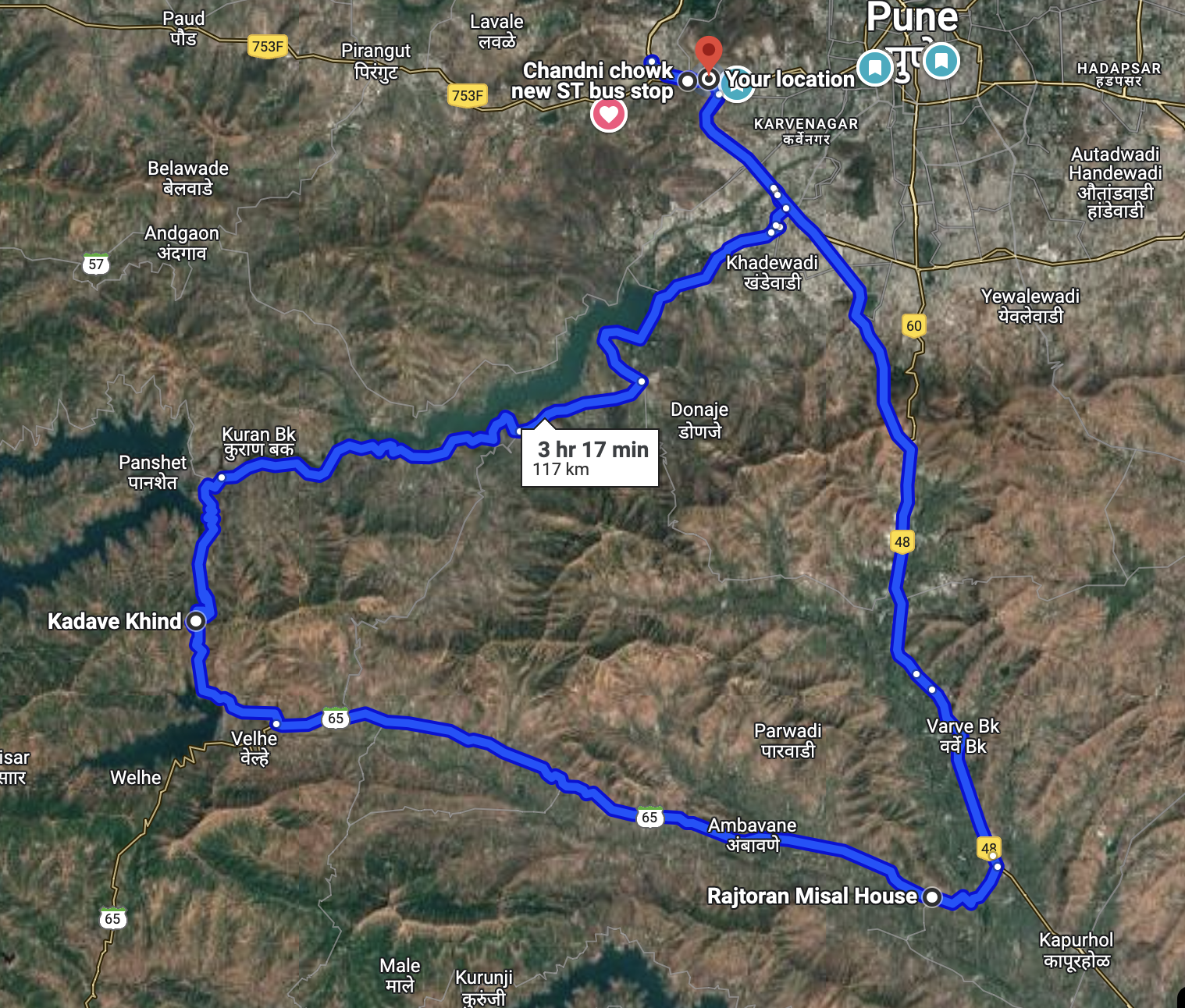 Google Maps screenshot showing the complete motorcycle journey route from Pune to Kadve Ghat and Gunjavne Dam - starting from Chandni Chowk, passing through Khadakwasla Dam, Panshet Dam, Kuran Khurd, and Shikroli villages to reach Kadve Ghat viewpoint, then continuing to Gunjavne Dam before returning via Velha Road, RajToran Misal House, Nasrapur and NH4 back to Pune, forming a 110 km scenic circuit through the Western Ghats