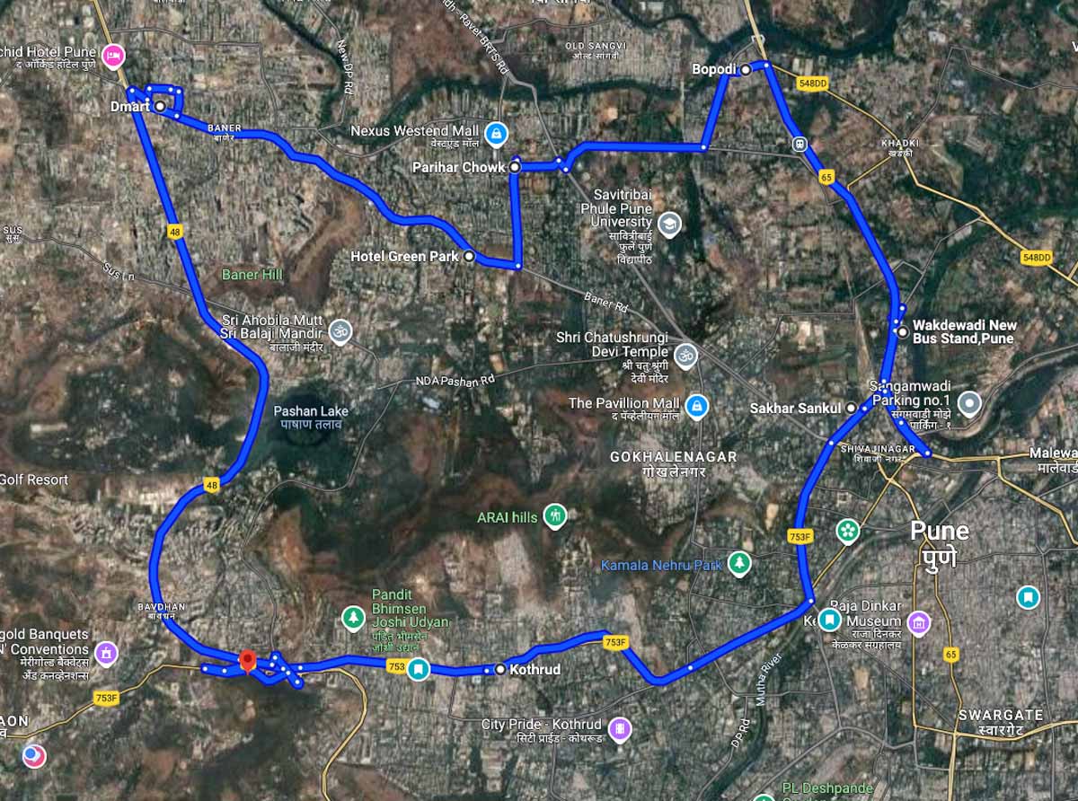 Route map screenshot showing a circular journey around Pune starting from Chandni Chowk, proceeding through Kothrud, FC Road, Wakdewadi, Old Mumbai-Pune Highway, then taking a left at Bopodi toward Aundh, continuing to Parihar Chowk and Baner Road, connecting to NH4 Highway before returning to Chandni Chowk, forming a complete night ride loop through the city.