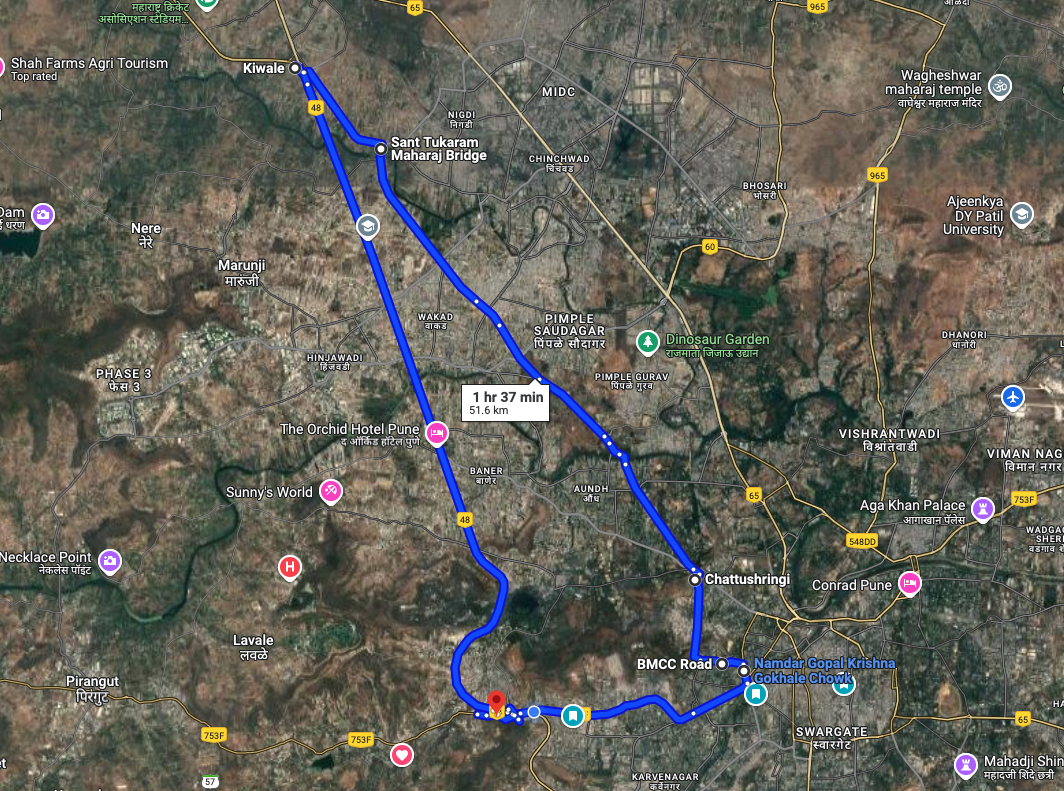 Screen shot of route Pune Night Ride Loop - Chandni Chowk- Good Luck Chowk - BMCC - Chatushrungi Mandir - Aundh - Ravet - Kiwale - ANd return via NH4