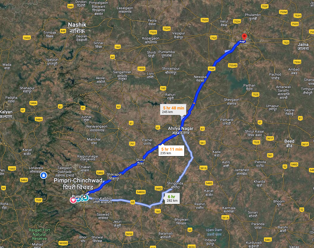 Pune to Chhatrapati Sambhaji Nagar via Ahilyanagar route