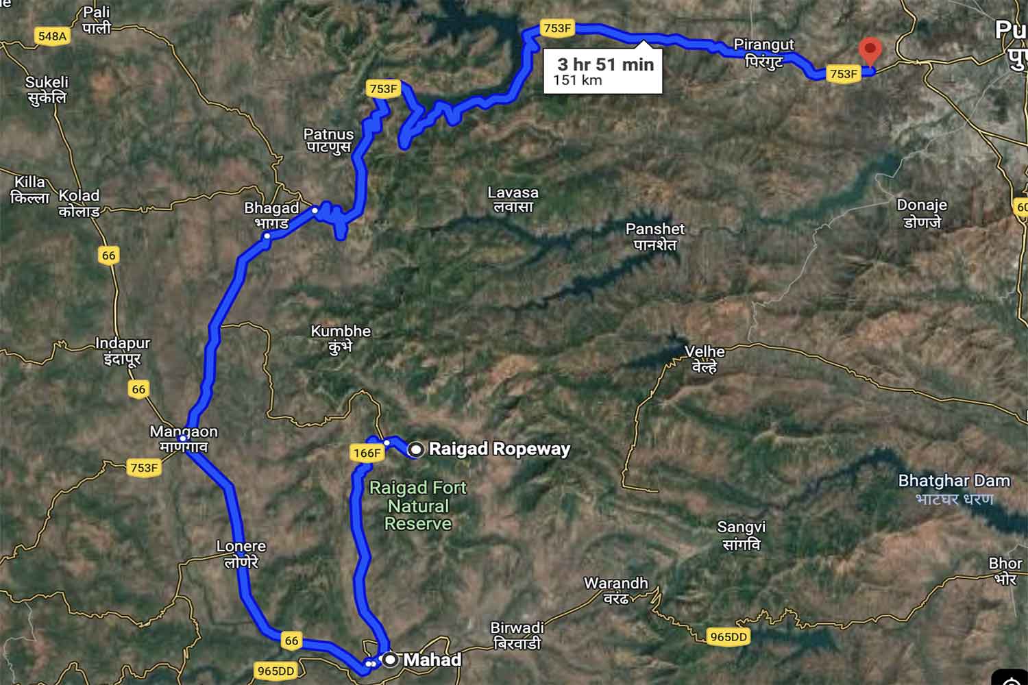 Raigad rope way to pune via Mahad, Mangaon, Tamhini Ghat. It is a Mumbai Goa Highway route.