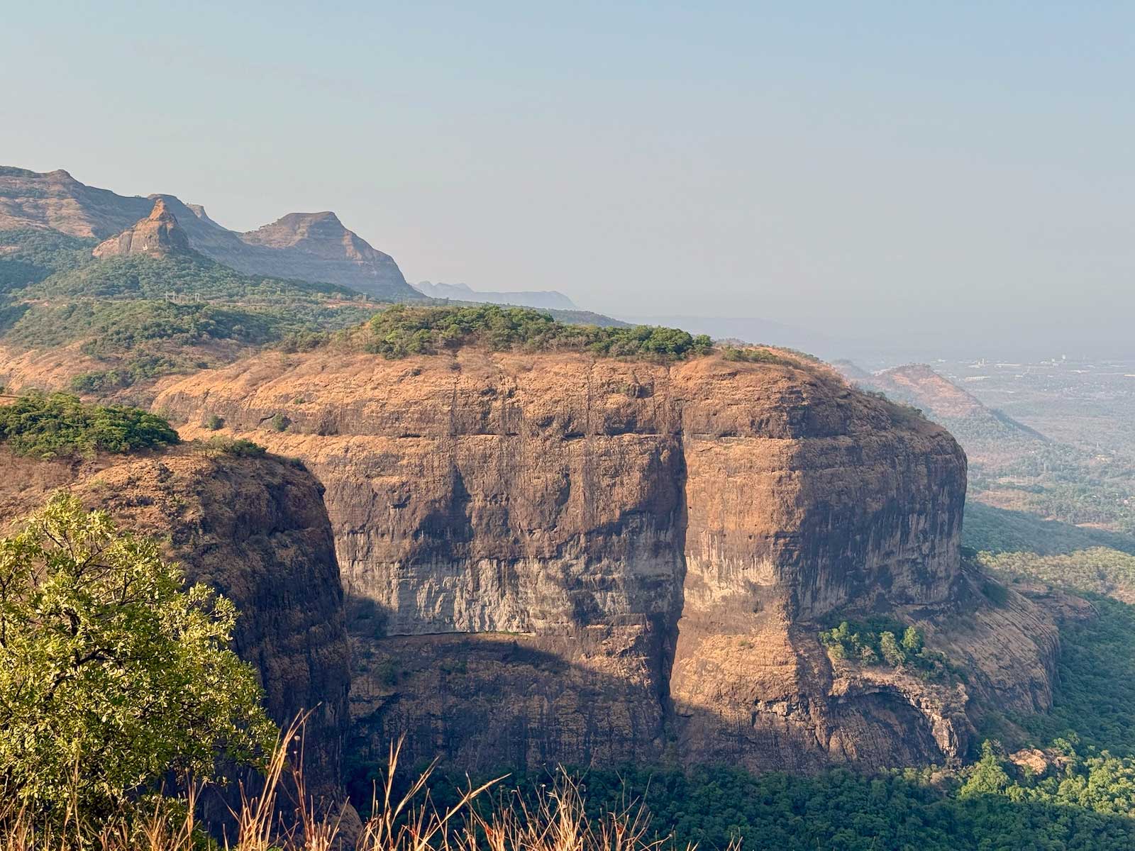 A close-up view of the imposing, sheer rock face of one of the plateaus at Savlya Ghat, showing the distinctive layers of the Deccan Trap formation, surrounded by green foliage and distant hazy hills under a clear sky. Sources