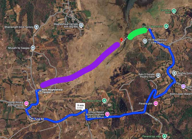 Screenshot of location to reach the temple. Follow the purple line not green. By Default, Google maps shows green line default route.