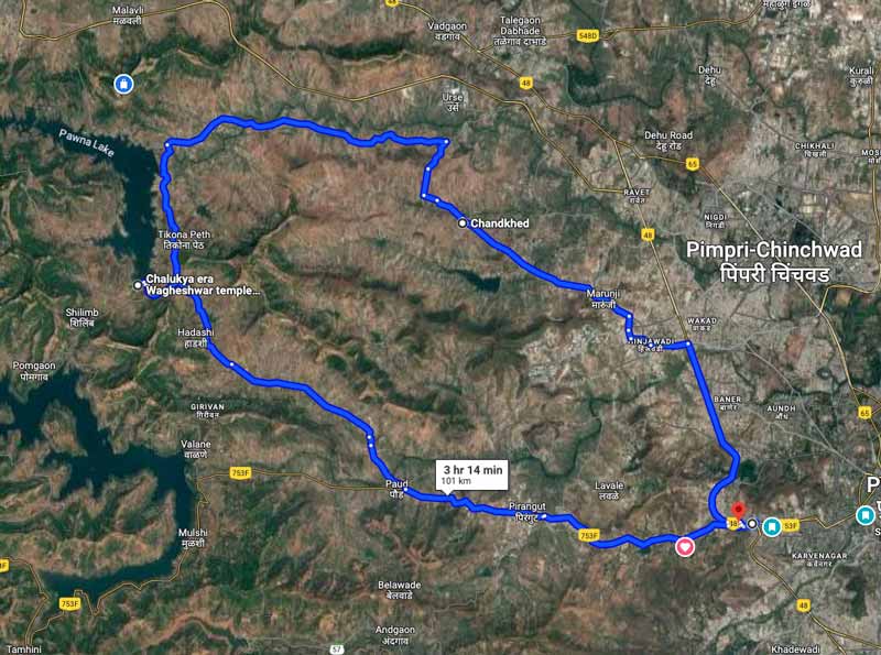 Google Maps screenshot showing the complete motorcycle route to Wagheshwar Temple and back - outbound journey from Chandni Chowk through Chandkhed and Kadadhe (marked in blue), reaching the submerged temple near Pawana Dam, and return journey via Hadashi and Paud (marked in red), forming a scenic loop through the Western Ghats near Pune